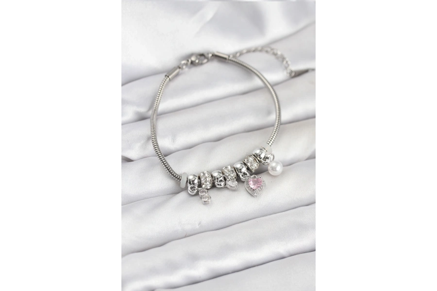 Shoecide Pirinç Gümüş Renk Pembe Kalp Charmlı Kadın Bileklik