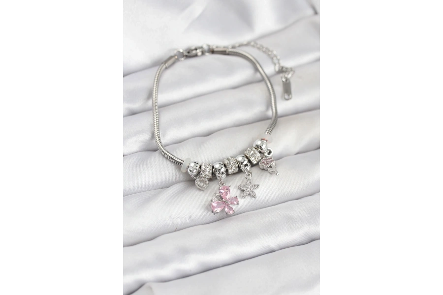 Shoecide Pirinç Gümüş Renk Pembe Kelebek Charmlı Kadın Bileklik