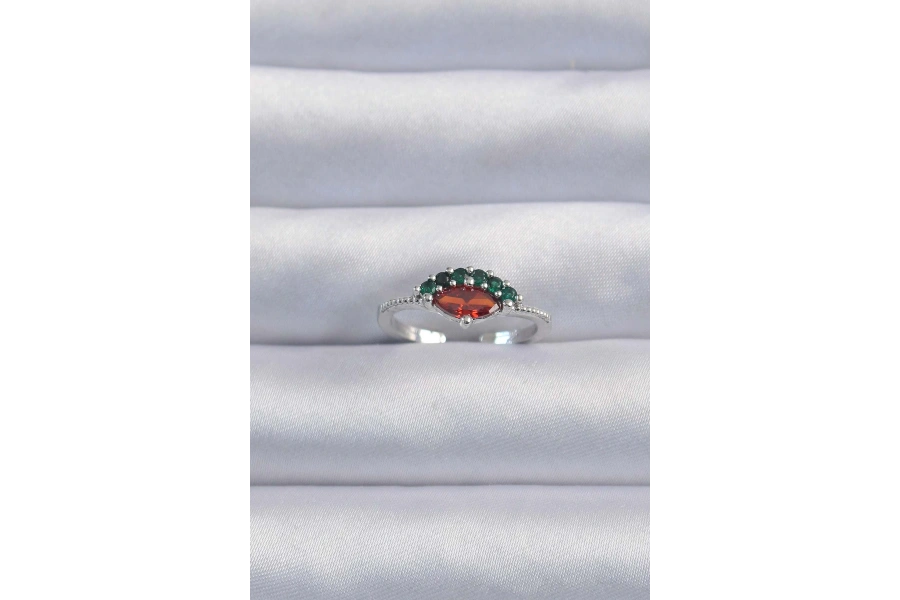 Shoecide Pirinç Gümüş Renk Renkli Zirkon Taşlı Ayarlanabilir Karpuz Model Yüzük