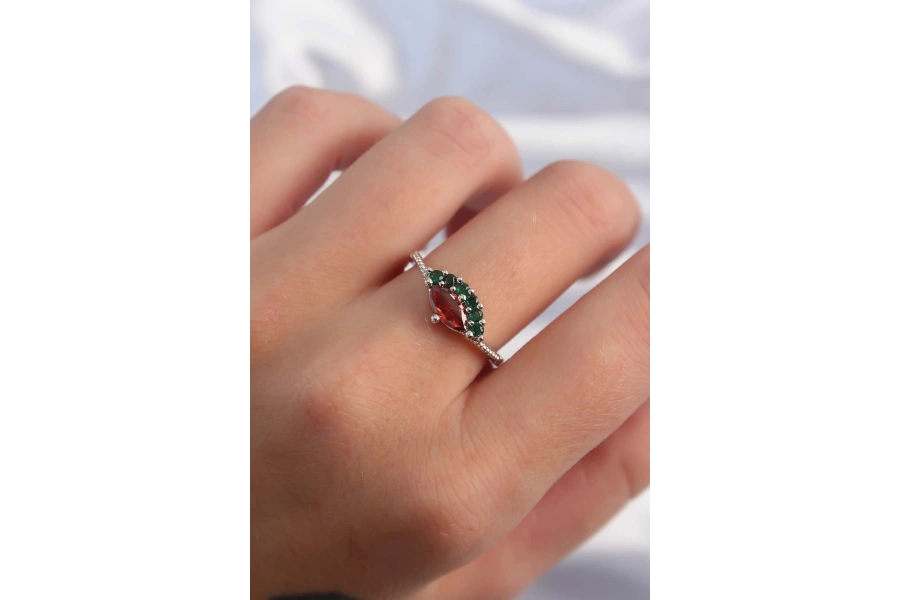 Shoecide Pirinç Gümüş Renk Renkli Zirkon Taşlı Ayarlanabilir Karpuz Model Yüzük