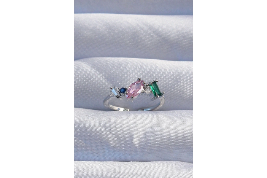 Shoecide Pirinç Gümüş Renk Renkli Zirkon Taşlı Ayarlanabilir Yüzük