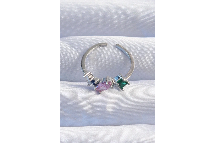 Shoecide Pirinç Gümüş Renk Renkli Zirkon Taşlı Ayarlanabilir Yüzük