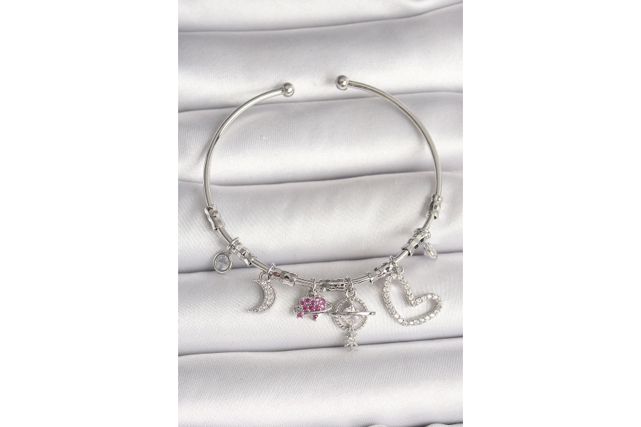 Shoecide Pirinç Gümüş Renk Sallantı Zirkon Taşlı Gezegen Figür Kalp Detay Charm Kadın Bileklik