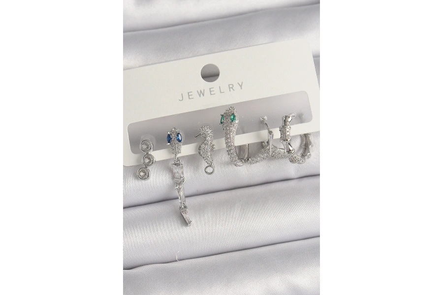 Shoecide Pirinç Gümüş Renk Sallantı Zirkon Taşlı Yılan Model Kadın Küpe Seti