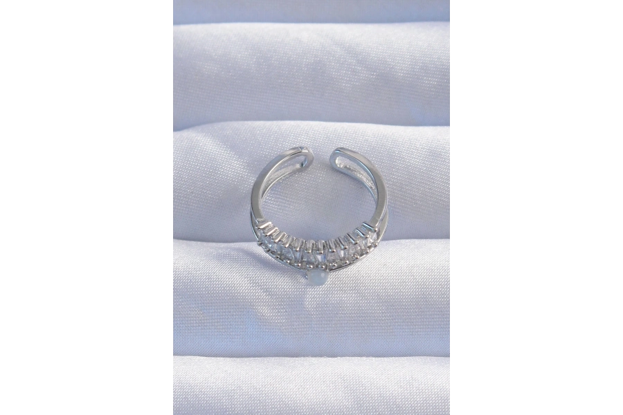 Shoecide Pirinç Gümüş Renk Sedefli Zirkon Taşlı Su Yolu Model 2li Görünüm Ayarlanabilir Yüzük