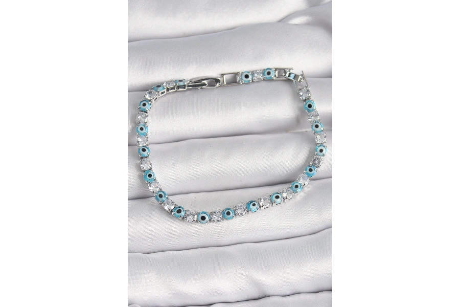 Shoecide Pirinç Gümüş Renk Su Yolu Zirkon Taşlı Nazar Boncuklu Kadın Bileklik