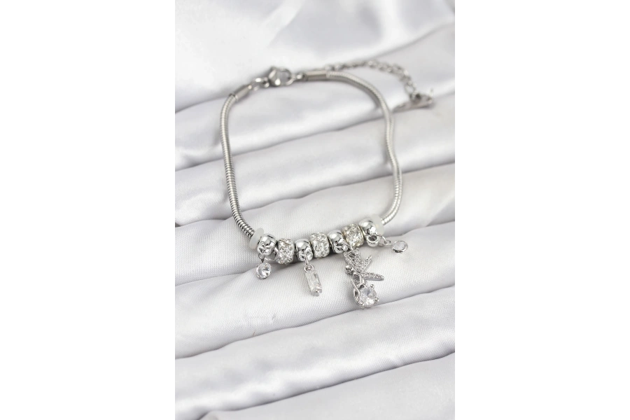 Shoecide Pirinç Gümüş Renk Tinkerbell Charmlı Kadın Bileklik