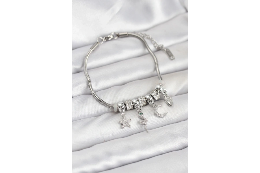 Shoecide Pirinç Gümüş Renk Yılan Charmlı Kadın Bileklik