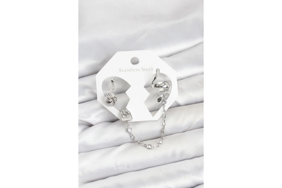 Shoecide Pirinç Gümüş Renk Yılan Model Zincir Bağlantılı Ear Cuff Küpe Seti