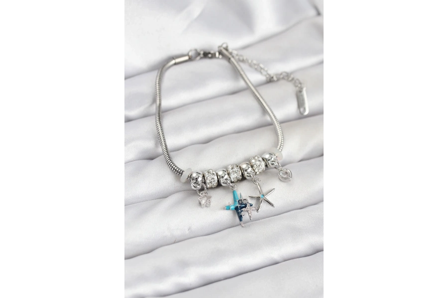 Shoecide Pirinç Gümüş Renk Yıldız Model Charmlı Kadın Bileklik