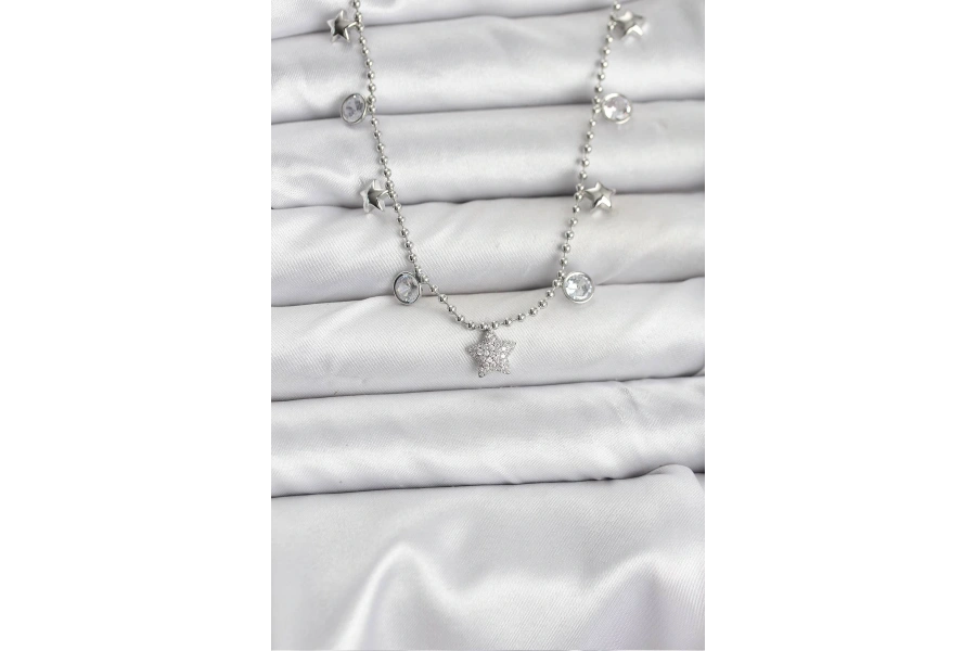 Shoecide Pirinç Gümüş Renk Yıldız Model Kadın Kolye