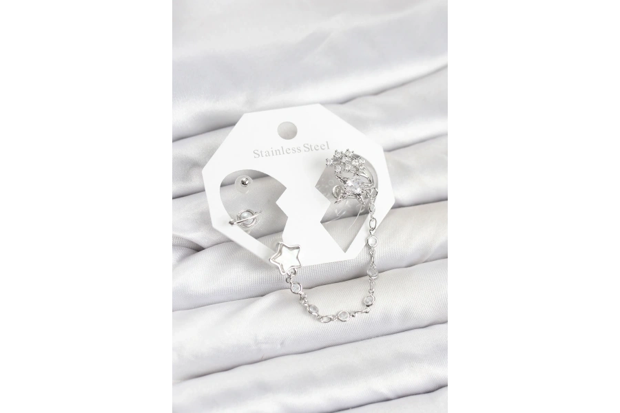 Shoecide Pirinç Gümüş Renk Yıldız Model Zincir Bağlantılı Ear Cuff Küpe Seti