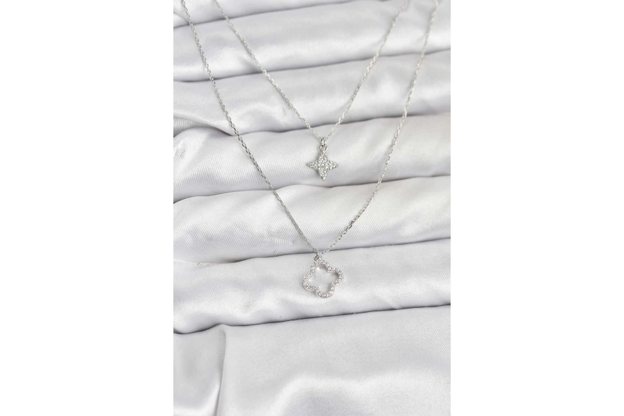 Shoecide Pirinç Gümüş Renk Yonca Model 2li Kadın Kolye