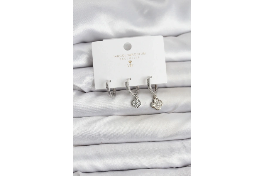 Shoecide Pirinç Gümüş Renk Yonca Model 3lü Kadın Küpe Seti