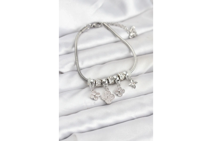 Shoecide Pirinç Gümüş Renk Yonca Model Kadın Bileklik