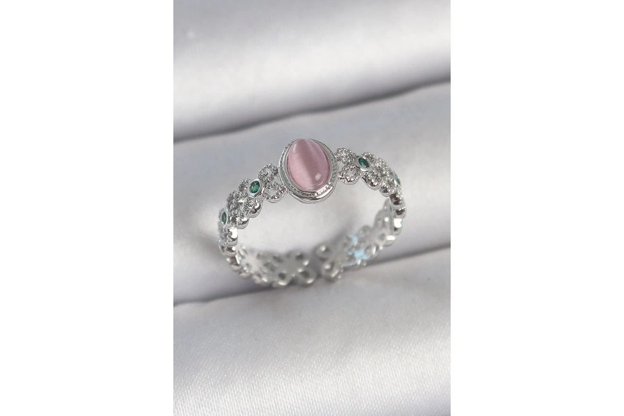 Shoecide Pirinç Gümüş Renk Zirkon Taş Detaylı Pembe Mineli Damla Model Ayarlanabilir Kadın Yüzük