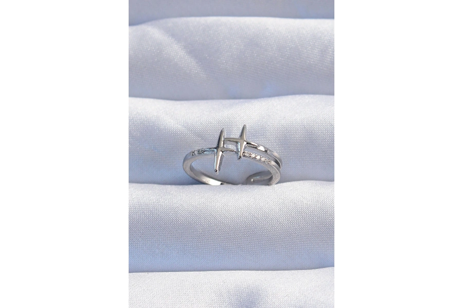 Shoecide Pirinç Gümüş Renk Zirkon Taşlı 2li Görünüm Ayarlanabilir Yıldız Model Yüzük