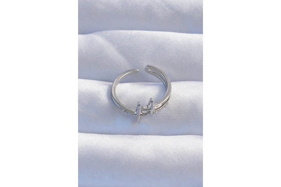 Shoecide Pirinç Gümüş Renk Zirkon Taşlı 2li Görünüm Ayarlanabilir Yıldız Model Yüzük