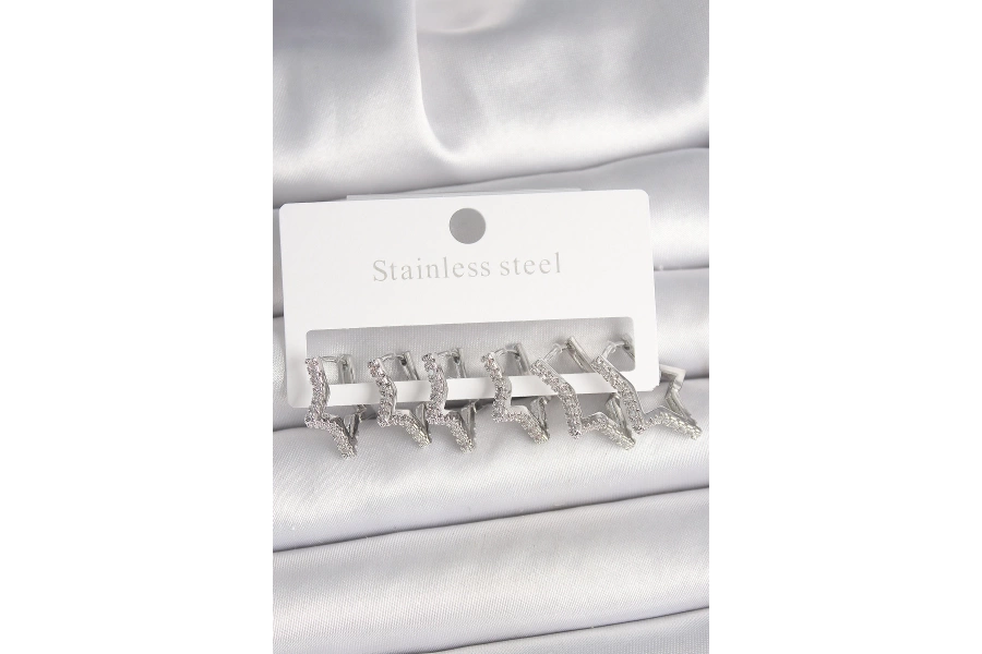 Shoecide Pirinç Gümüş Renk Zirkon Taşlı 3 Çift Yıldız Model Kadın Küpe