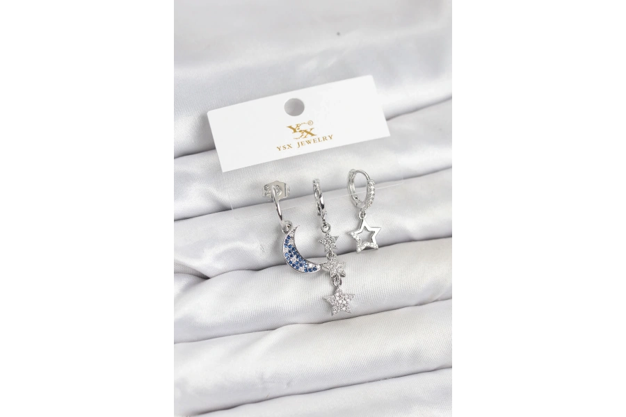 Shoecide Pirinç Gümüş Renk Zirkon Taşlı Ay Ve Yıldız Model Ysx Trio Küpe Seti