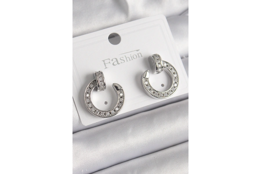 Shoecide Pirinç Gümüş Renk Zirkon Taşlı Çivi Halka Model Kadın Küpe