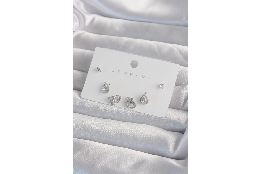 Shoecide Pirinç Gümüş Renk Zirkon Taşlı Damla Model Küpe Seti