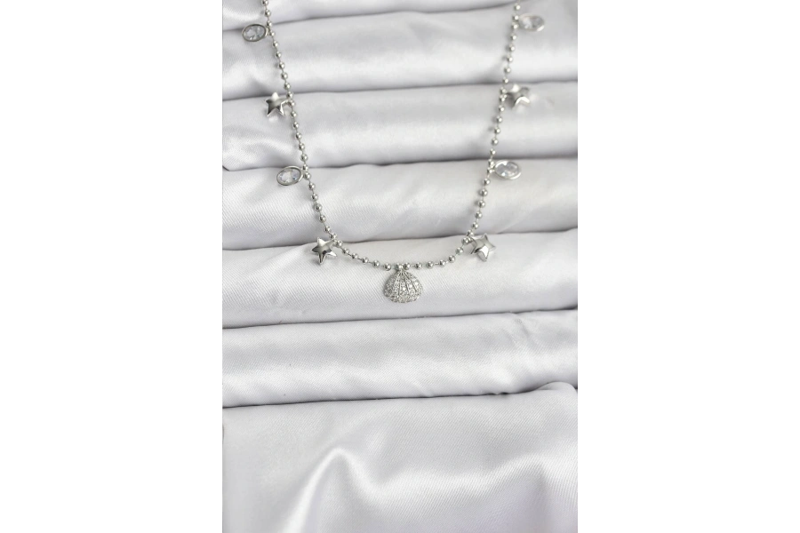 Shoecide Pirinç Gümüş Renk Zirkon Taşlı Deniz Kabuğu Model Kadın Kolye