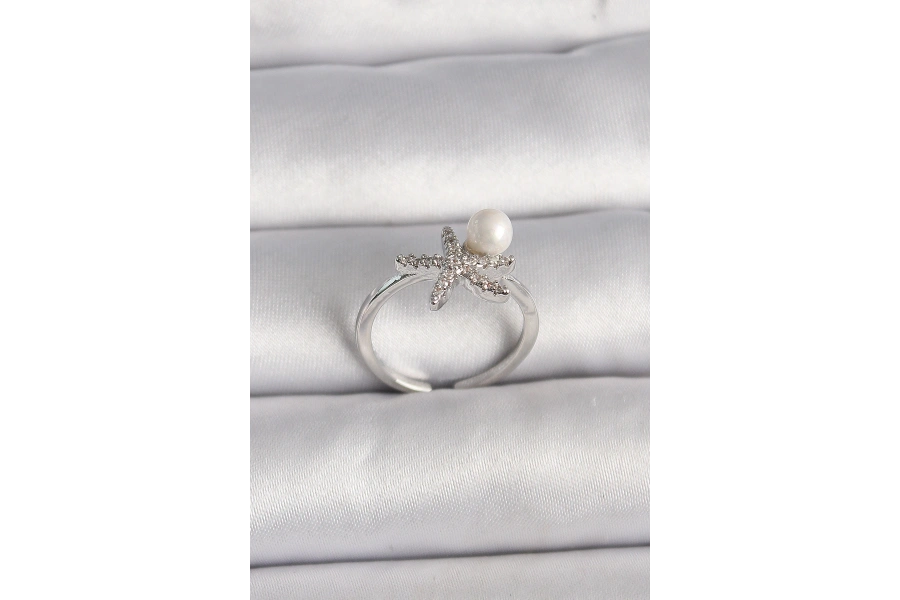 Shoecide Pirinç Gümüş Renk Zirkon Taşlı Deniz Yıldızı Model İnci Detay Ayarlanabilir Yüzük