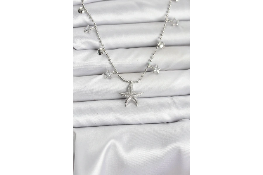Shoecide Pirinç Gümüş Renk Zirkon Taşlı Deniz Yıldızı Model Kadın Kolye