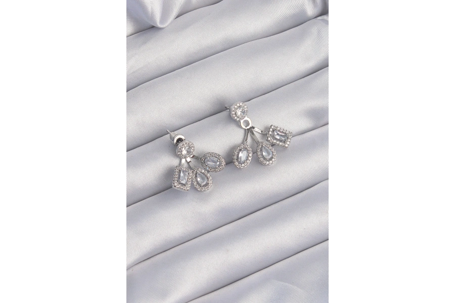 Shoecide Pirinç Gümüş Renk Zirkon Taşlı Geometrik Model Küpe