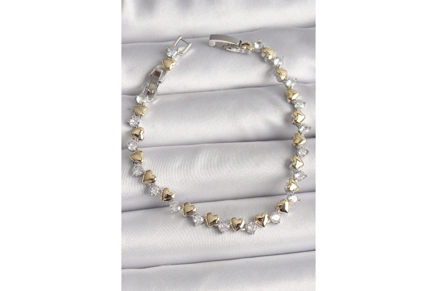 Shoecide Pirinç Gümüş Renk Zirkon Taşlı Gold Kalpli Vıp Seri Kadın Bileklik