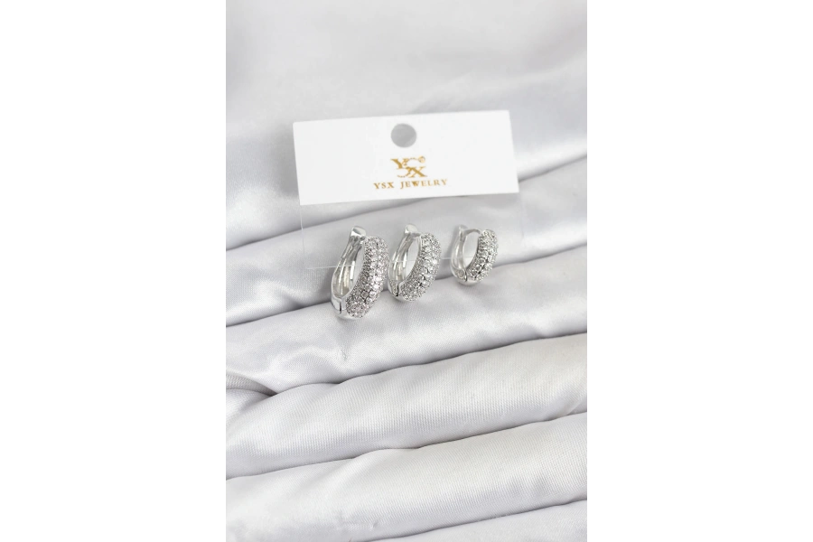 Shoecide Pirinç Gümüş Renk Zirkon Taşlı Halka Model Ysx Trio Küpe Seti
