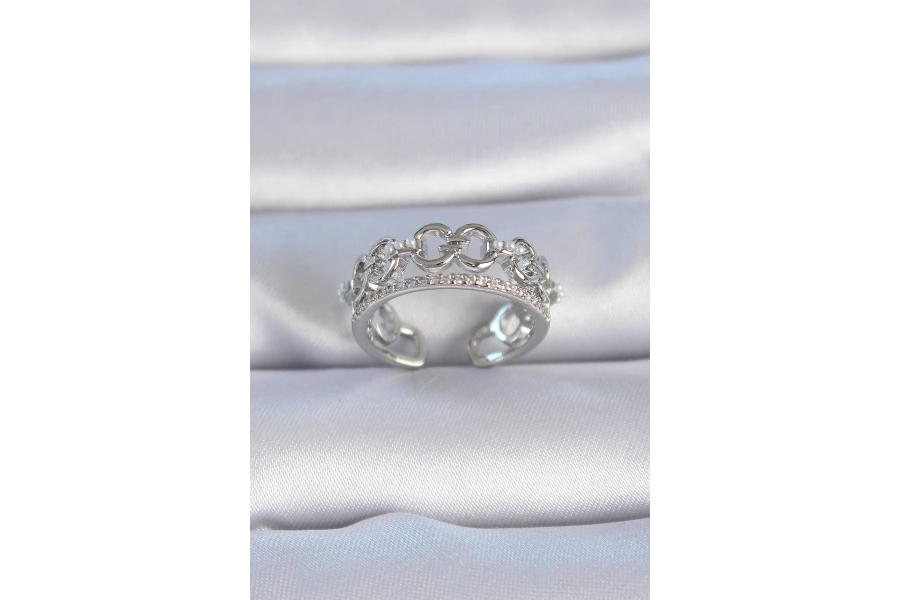 Shoecide Pirinç Gümüş Renk Zirkon Taşlı İnci Detay Kadın Yüzük