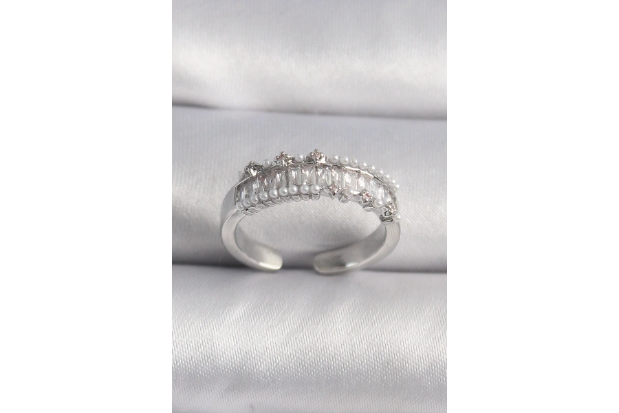 Shoecide Pirinç Gümüş Renk Zirkon Taşlı İnci Detay Vıp Seri Kadın Yüzük