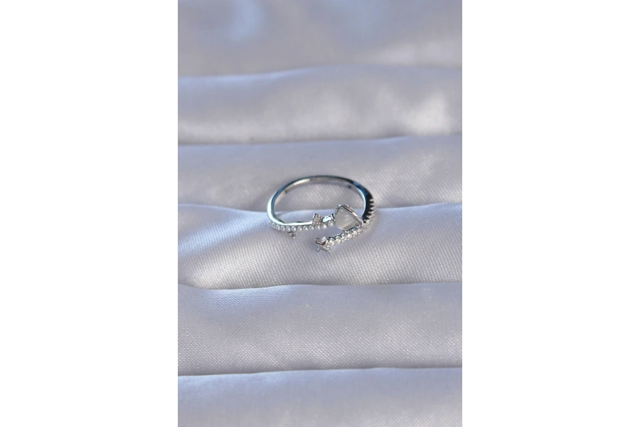 Shoecide Pirinç Gümüş Renk Zirkon Taşlı İncili Satürn Model Ayarlanabilir Yüzük