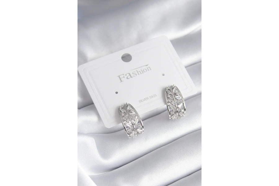 Shoecide Pirinç Gümüş Renk Zirkon Taşlı Kadın Küpe