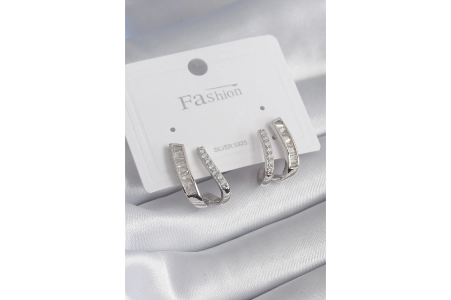 Shoecide Pirinç Gümüş Renk Zirkon Taşlı Kadın Küpe