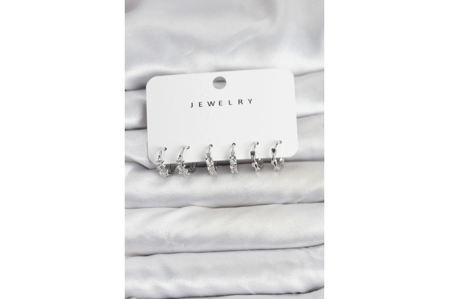 Shoecide Pirinç Gümüş Renk Zirkon Taşlı Kadın Küpe Seti