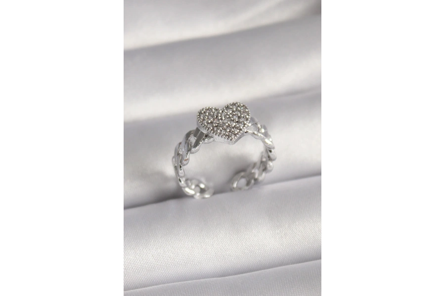 Shoecide Pirinç Gümüş Renk Zirkon Taşlı Kalp Model Kadın Yüzük