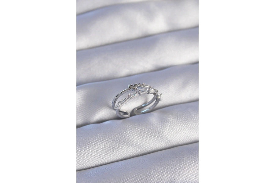 Shoecide Pirinç Gümüş Renk Zirkon Taşlı Kalpli 2li Görünüm Ayarlanabilir Yüzük