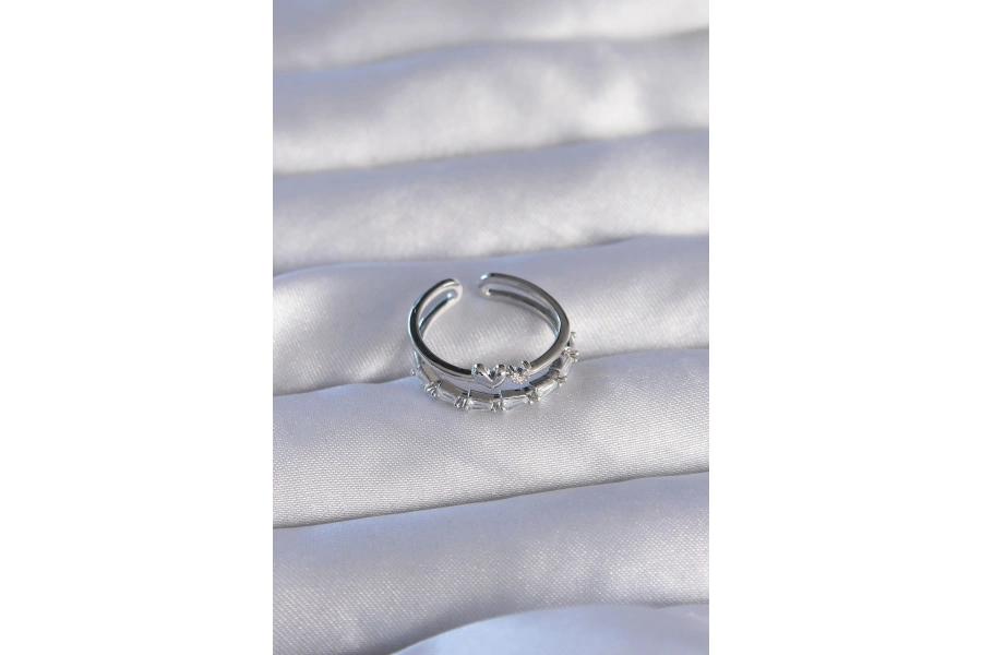 Shoecide Pirinç Gümüş Renk Zirkon Taşlı Kalpli 2li Görünüm Ayarlanabilir Yüzük