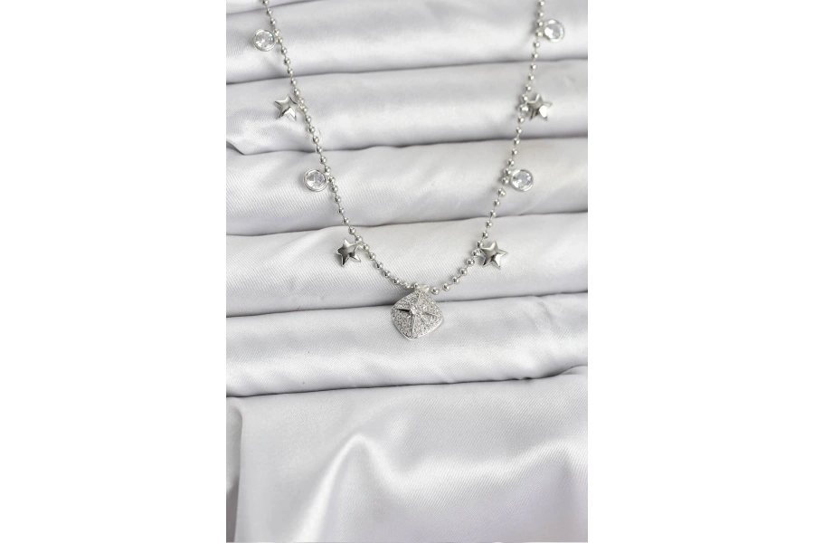 Shoecide Pirinç Gümüş Renk Zirkon Taşlı Kutup Yıldızı Model Kadın Kolye