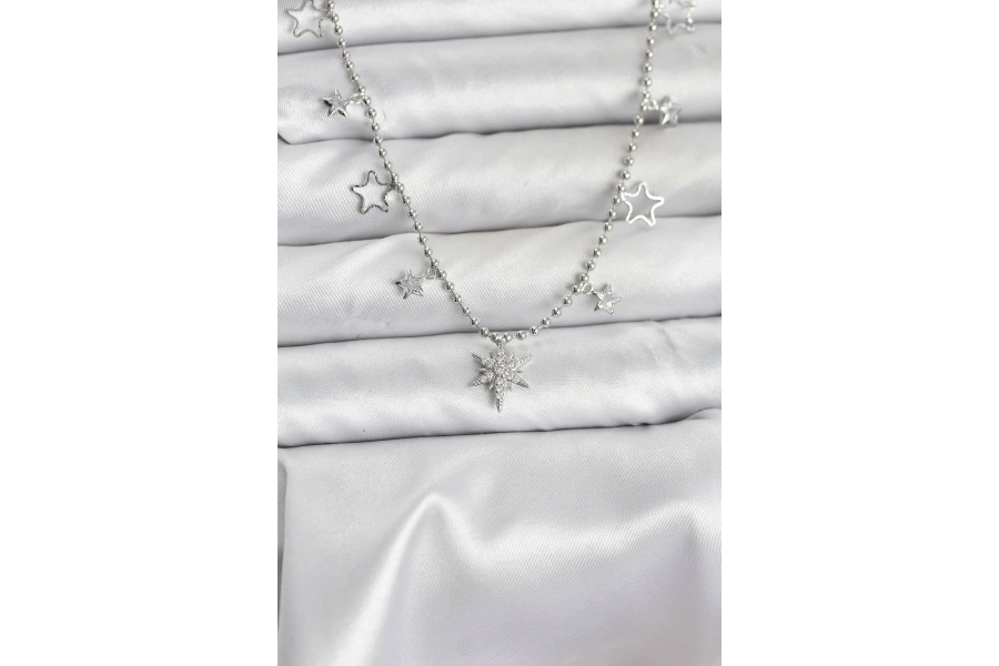 Shoecide Pirinç Gümüş Renk Zirkon Taşlı Kutup Yıldızı Model Kadın Kolye