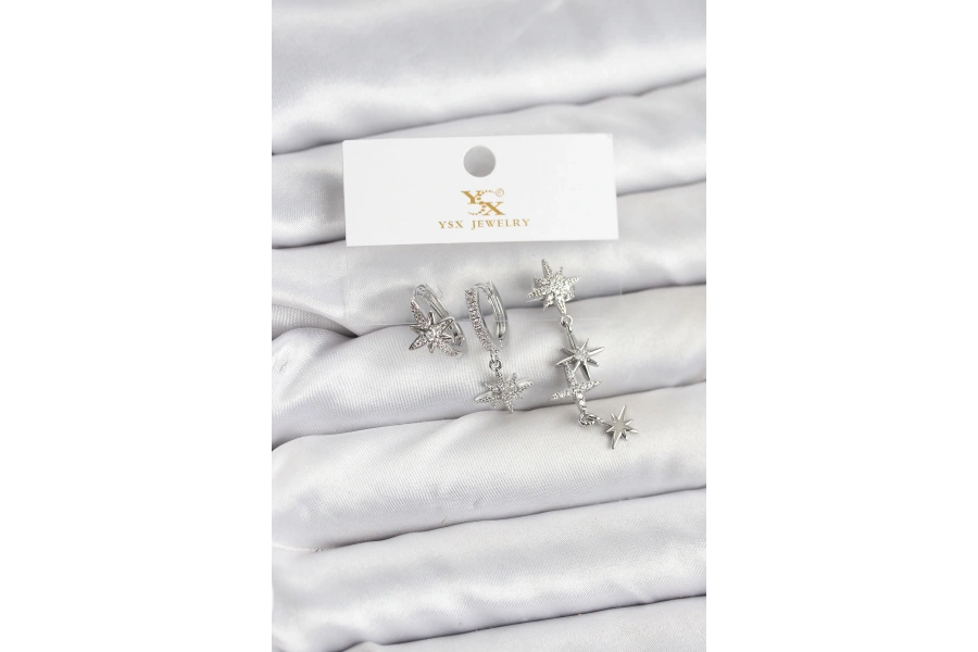 Shoecide Pirinç Gümüş Renk Zirkon Taşlı Kutup Yıldızı Model Ysx Trio Küpe Seti