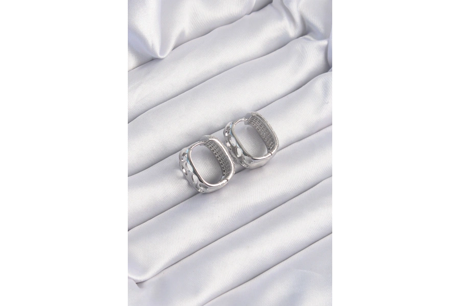 Shoecide Pirinç Gümüş Renk Zirkon Taşlı Minimal Halka Küpe