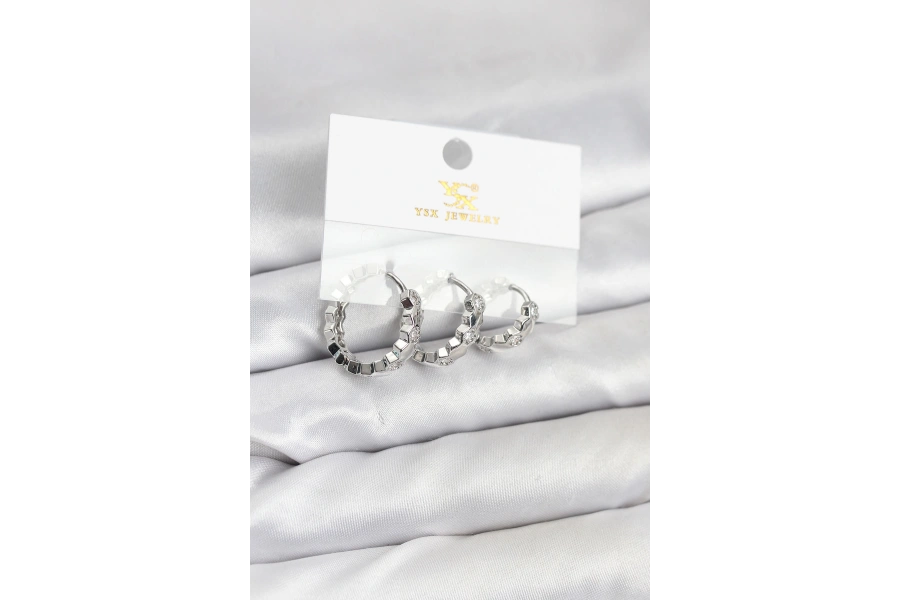 Shoecide Pirinç Gümüş Renk Zirkon Taşlı Petek Halka Model Ysx Trio Küpe Seti