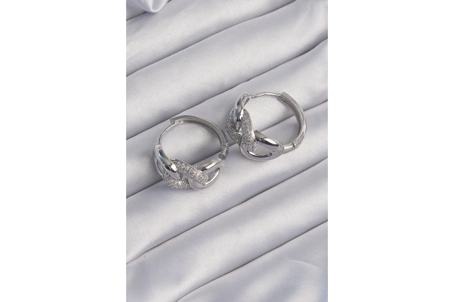 Shoecide Pirinç Gümüş Renk Zirkon Taşlı Samanyolu Küpe