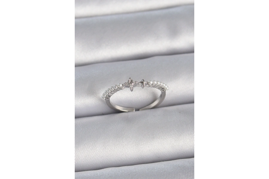 Shoecide Pirinç Gümüş Renk Zirkon Taşlı Sıralı İnci Ayarlanabilir Model Kadın Yüzük