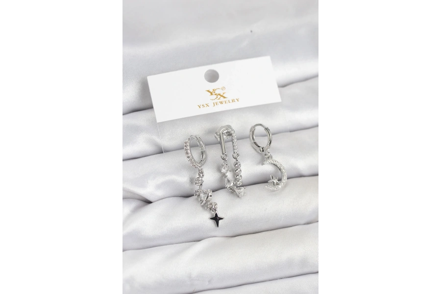 Shoecide Pirinç Gümüş Renk Zirkon Taşlı Uzay Model Ysx Trio Küpe Seti