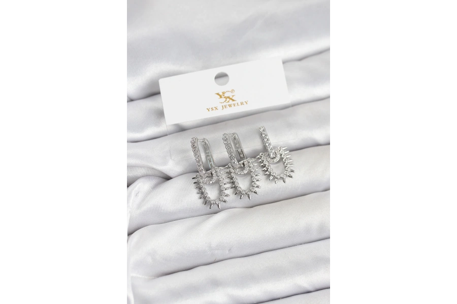 Shoecide Pirinç Gümüş Renk Zirkon Taşlı Vintage Model Ysx Trio Küpe Seti